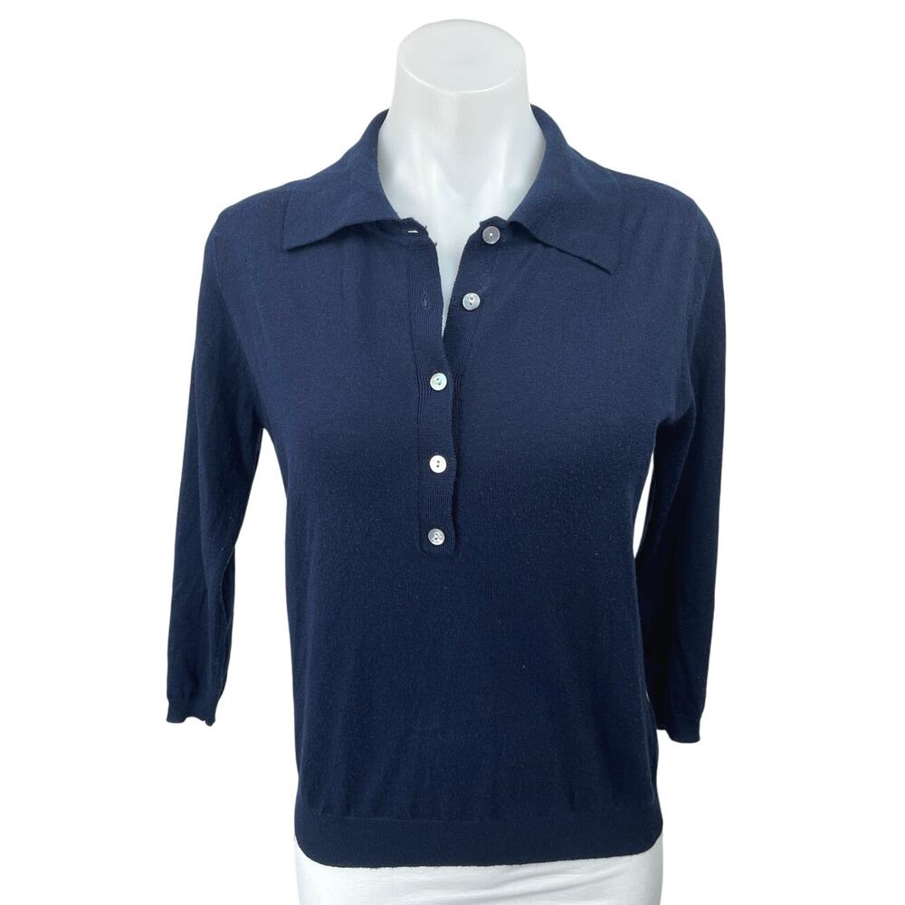 Zara Women's Blue Wool 3/4 Sleeve Button Front Collar Polo Sweater Shirt Top M